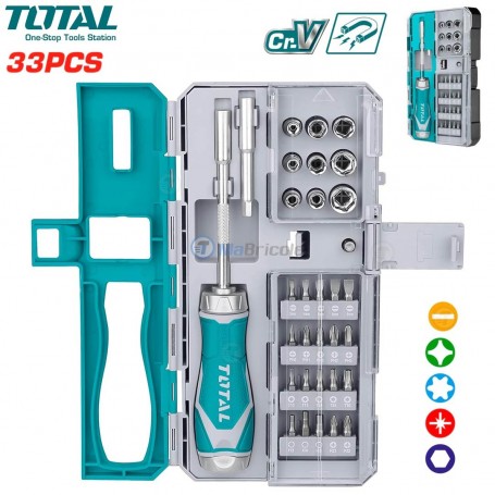 طقم مفك براغي سقاطة مع مجموعة القام و مقابس 33 قطعة بعلبة توتال | TACSD30336 | مفك براغي | مابريكول الجزائر