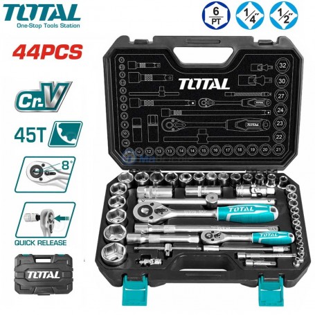 مجموعة مقابس مصنوعة من كروم فاناديوم بقياسات 1/4" و 1/2" وسداسية 4-32 مم، 44 قطعة من طوطال | THT421441 | مفاتيح و مقابس | مابريكول الجزائر