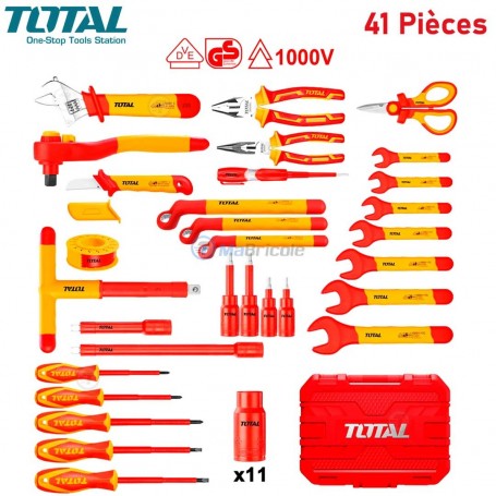 Ensemble d'outils à main clé et douilles isolés 1000V 41Pcs avec valise TOTAL | THKITH4101 | Coffret multi-outils | MaBricole Algérie