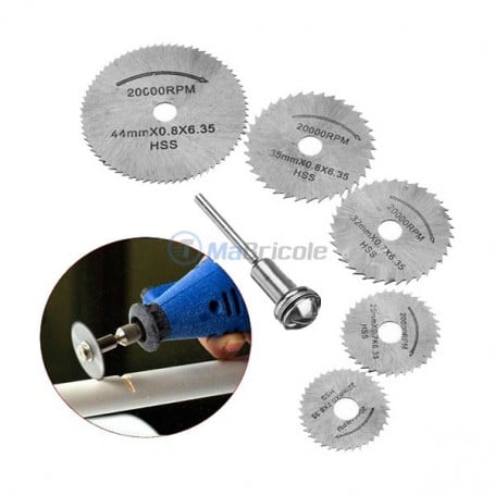 Cinq mini disques circulaires dentés pour outil rotatif avec accessoire de fixation, dimensions variées entre 22 et 44 mm.