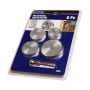 Jeu de 6 mini disques circulaires en acier HSS pour outil rotatif, différents diamètres visibles en emballage plastique.
