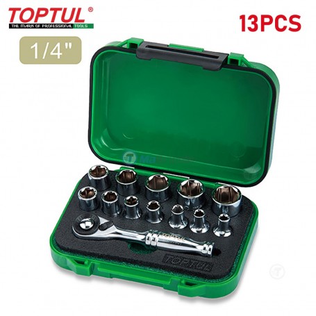 Jeu de 13 mini douilles à cliquet 1/4" DR 4-13mm avec coffret TOPTUL | GABW1301 | Pour perceuse et visseuse | MaBricole Algérie