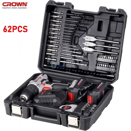 Kit 62PCS Visseuse a percussion sans fil 2 Batteries 20V MAX 2Ah avec valise CROWN | CT21102H-2-(62)EK | Visseuse et tournevis électrique | MaBricole Algérie