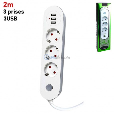 Multiprise avec interrupteur 2m 3 prises de terre 3USB 10A 2500W | Rallonge et multiprise | MaBricole Algérie