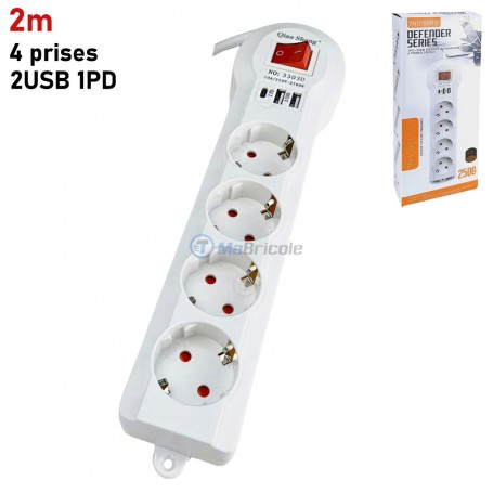 Multiprise avec interrupteur 2m 4 prises de terre 2USB 1PD 10A 2500W QIAO SHENG | Rallonge et multiprise | MaBricole Algérie