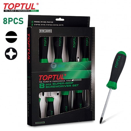 Jeu de 8 tournevis à fente 3.5-8mm et cruciformes PH0-PH2 Super-Grip TOPTUL | Tournevis | MaBricole Algérie