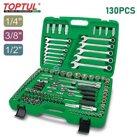 مجموعة من 130 مفتاحًا لأسطوانة ذات جودة احترافية بمقاسات 1/4" و 3/8" و 1/2" (مترية و SAE) توبتول. | مفاتيح و مقابس | مابريكول الجزائر
