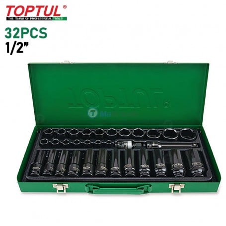 Coffret vert ouvert contenant un jeu de 32 douilles à choc à flancs avec poignée et accessoires.