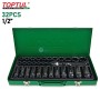 Coffret vert ouvert contenant un jeu de 32 douilles à choc à flancs avec poignée et accessoires.