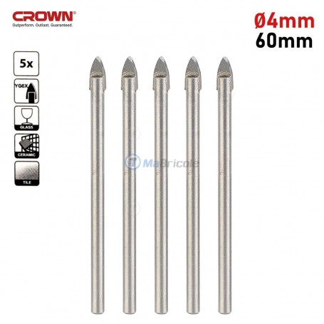 5PCS forets pour verre, carreau et céramique Ø 4mm 60mm CROWN | CTGDP0002-5 | Pour perceuse et visseuse | MaBricole Algérie