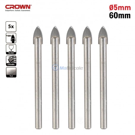 5PCS forets pour verre, carreau et céramique Ø 5mm 60mm CROWN | CTGDP0003-5 | Pour perceuse et visseuse | MaBricole Algérie