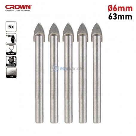 5PCS forets pour verre, carreau et céramique Ø 6mm 63mm CROWN | CTGDP0004-5 | Pour perceuse et visseuse | MaBricole Algérie