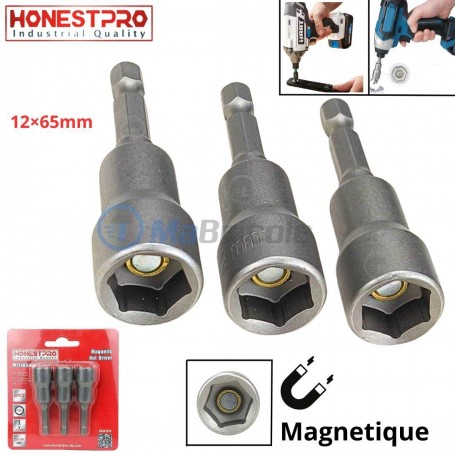 Embouts a douille magnétique 3pcs 12×65 mm ∅12mm HONESTPRO |YAD1212 | Pour perceuse et visseuse | MaBricole Algérie