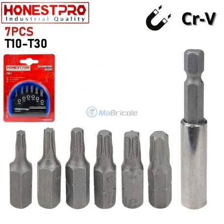 Jeu d'embouts Torx magnétique T10-T30 6pcs 25mm avec rallonge au Chrome Vanadium (Cr-V) HONESTPRO|YAD0299 | Pour perceuse et visseuse | MaBricole Algérie