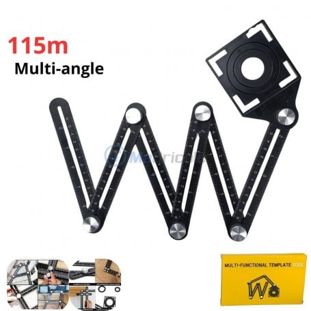 Règle de mesure noire multi-angle à six côtés pliable de 115 cm avec gabarit carré et boîte jaune.