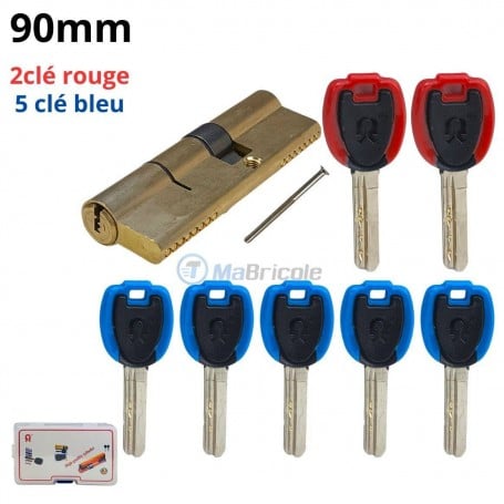 Cylindre antivol en laiton avec 7 clés dont 2 rouges et 5 bleues, plus une tige métallique.