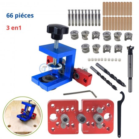 Gabarit de perçage pour trous 3 en 1 avec mèches à bois ∅ 8-10-15 mm avec clé étoile réglable 66 pièces | Autre outils | MaBricole Algérie