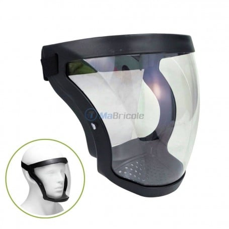 Visière faciale transparente ajustable avec protection anti-éclaboussures, sangle noire et écran couvrant le visage