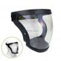 Visière faciale transparente ajustable avec protection anti-éclaboussures, sangle noire et écran couvrant le visage