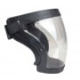 Visière de protection faciale transparente avec cadre noir et sangle réglable.