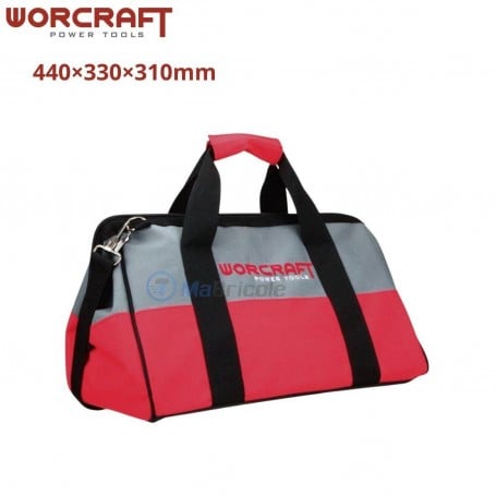 Sac à outils rouge et gris avec poignées noires, dimensions 440×330×310 mm.