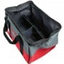 Sac à outils rouge et gris en nylon 600D avec poignée, vu de dessus ouvert, compartiments internes