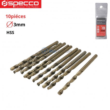 Jeu de forets 10 Pcs, mèches a métal en acier haute vitesse HSS 3mm longueur 60mm SPECCO | SP-1291 | Pour perceuse et visseuse | MaBricole Algérie