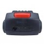 Batterie rechargeable noire avec bouton rouge pour perceuse visseuse, vue rapprochée du connecteur