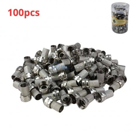 Lot de 100 connecteurs femelle métalliques pour câble coaxial avec emballage visible en haut à droite