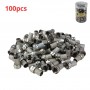 Lot de 100 connecteurs femelle métalliques pour câble coaxial avec emballage visible en haut à droite