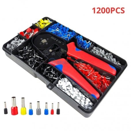 Set de pince à sertir avec poignée rouge et bleue et 1200 embouts de câble de différentes couleurs dans une boîte compartimentée
