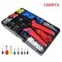 Set de pince à sertir avec poignée rouge et bleue et 1200 embouts de câble de différentes couleurs dans une boîte compartimentée