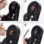 Pince à sertir noire avec étapes d'utilisation montrant la pose d'un embout rouge sur un câble.