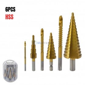 مجموعة من 3 قواطع متدرجة (4-12 مم / 4-20 مم / 4-32 مم) مع 3 مثاقب (3 مم - 6 مم - 8 مم) من الصلب عالي السرعة