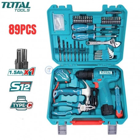 MaBricole | TOTAL | Coffret multi-outils | caisse outils à main 89PCS avec Perceuse Visseuse 12V 1.5ah 20N.m TOTAL | THKTHP10892