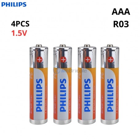MaBricole | PHILIPS | Batteries et chargeur | Jeu 4 Piles AAA 1.5V R03 en Chlorure de zinc PHILIPS