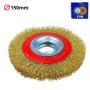 Brosse métallique ronde de diamètre 150 mm avec centre métallique rouge et filaments dorés