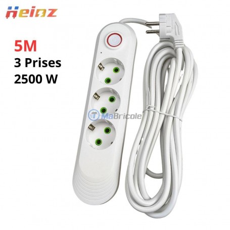 MaBricole | HEINZ | Rallonge et multiprise | Multiprise électrique avec interrupteur 2500Watt 3prises de terre 10A max câble 5M HEINZ | 3488-9