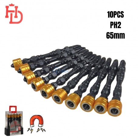 طقم 10 مفكات فيليبس مزودة بحلقة توقف من نوع بي اش بطول 65 مم مع رأس مغناطيسي آش دي | HDM0008