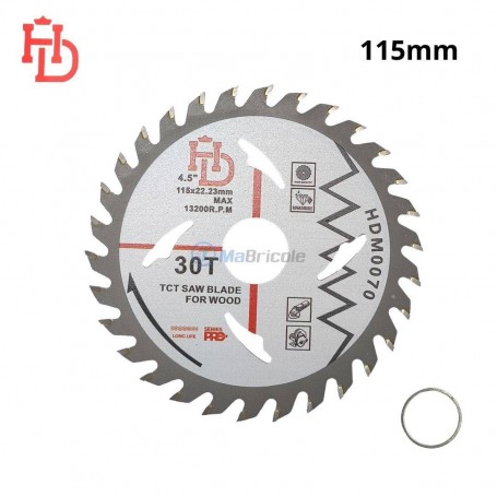 Disque de coupe circulaire 115mm pour bois avec 30 dents au carbure de tungstène, accompagné d'une bague d'adaptation.