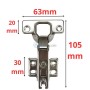 Charnière invisible plate en métal avec cotes indiquées en rouge, 105 mm de hauteur et 63 mm de largeur