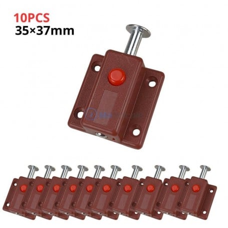 Dix verrous coulissants à ressort en plastique marron avec bouton rouge et fixation à vis.