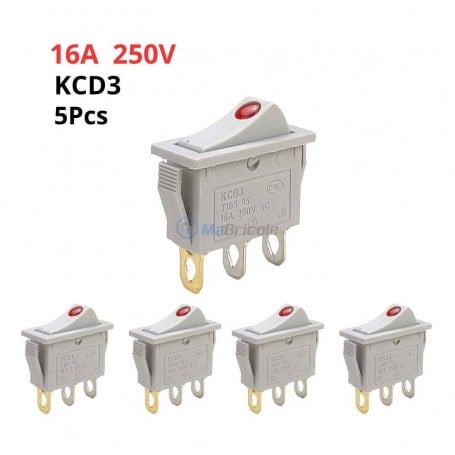 MaBricole | | Interrupteur et prise | Lot de 5 interrupteurs à bascule gris modèle KCD3 16A 250V AC avec petite lumière rouge intégrée