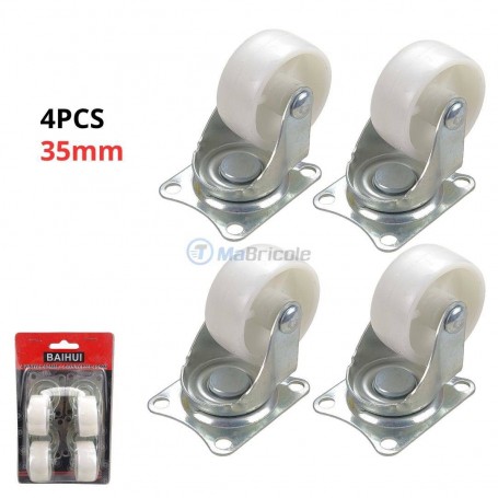 مجموعة 4 عجلات دوارة بيضاء بقطر 35 ملم من البولي بروبيلين