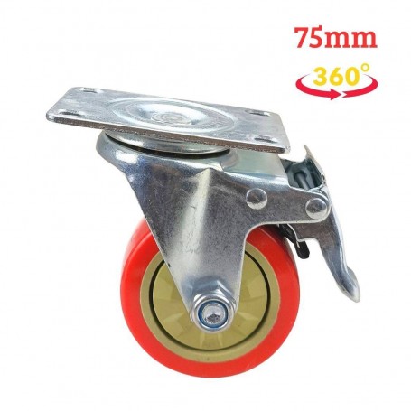 عجلة دوارة بقطر 75 مم من مطاط البولي يوريثان دوران صامت 360° مع قفل للحركة حمراء