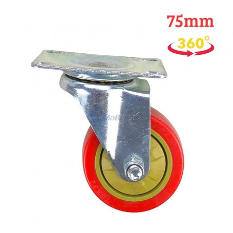 عجلة دوارة بقطر 75 مم من مطاط البولي يوريثان دوران صامت 360° بدون قفل حمراء