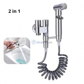 دوش بخاخ متعدد الوظائف 2 في 1 مزوّد بخرطوم لولبي وزر تحكم متوافق مع دورات المياه والغسالات باللون الفضي