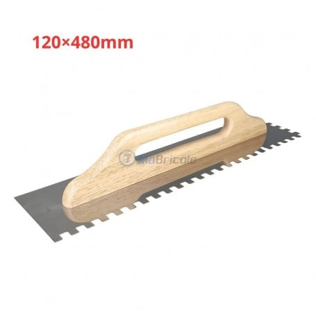 Truelle à plâtrer avec lame dentelée 120×480 mm et manche en bois.
