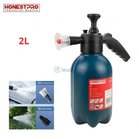 Pulvérisateur à pression bleu de 2 litres avec poignée noire et embout transparent et rouge.