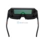 Lunettes de soudage noires avec écran vert d'assombrissement automatique, vues de face avec branches rabattues.